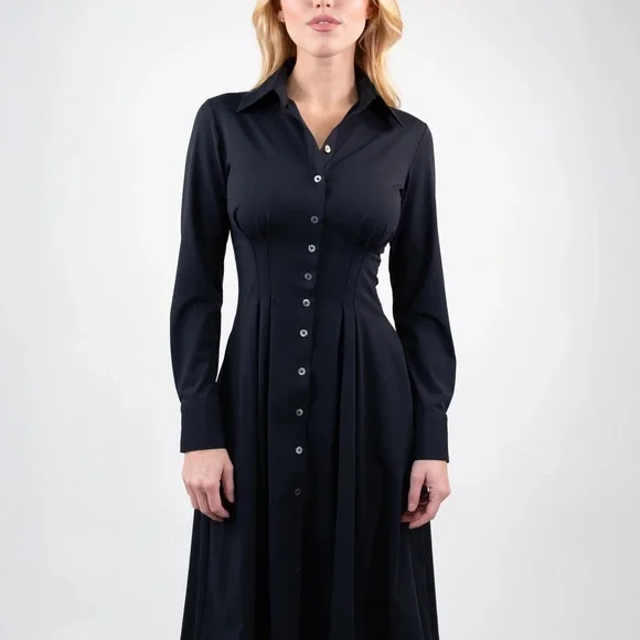 LUXEIRE Long Sleeve Fit-and-Flare Shirt Dress S black - Picture 2 of 3